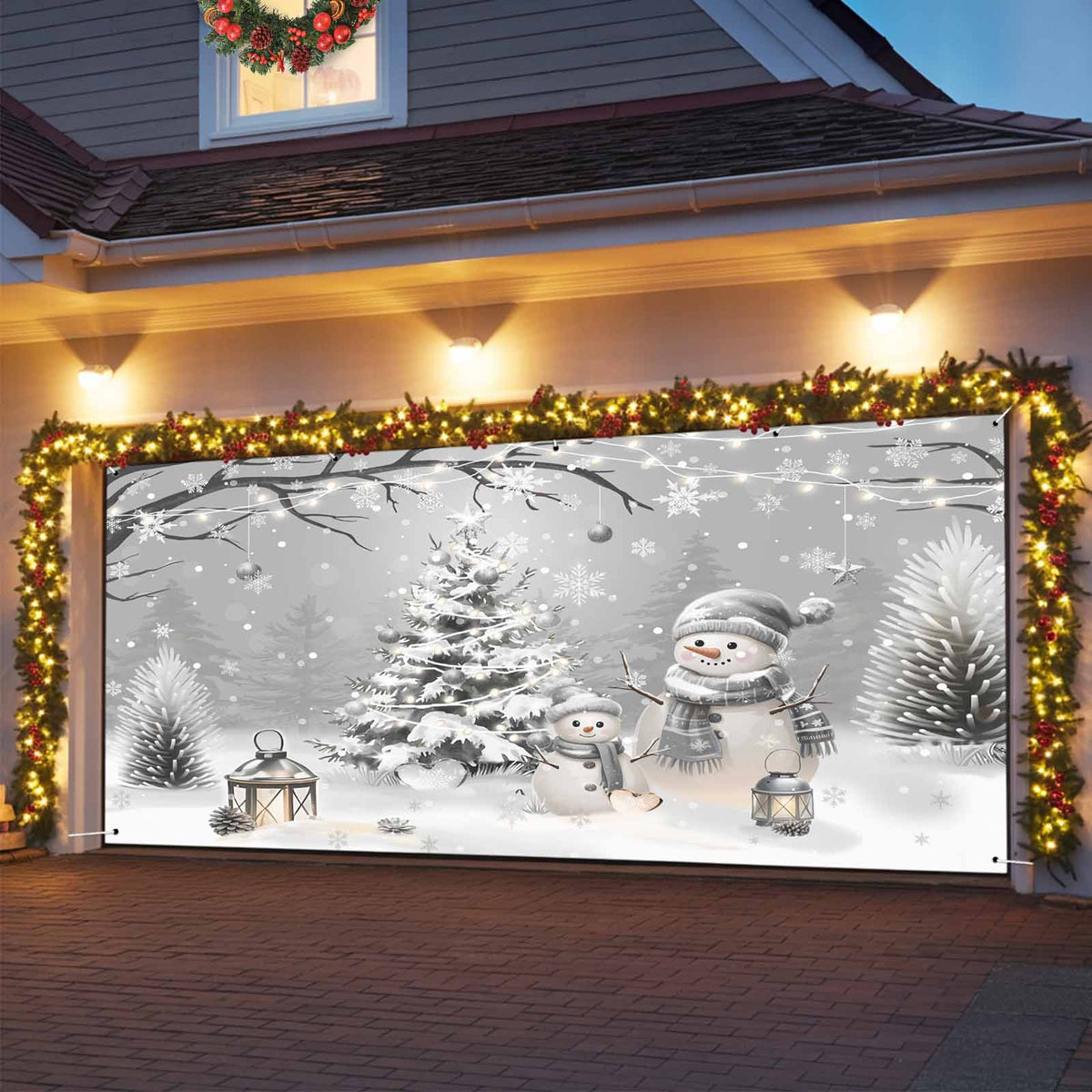 Fsddascl 7 x 16 Ft Christmas Garage Door Cover, Black Christmas Tree Large Garage Door Banner, Xmas Snowflake Green Golden Hanging Garage Mural Background for Indoor Outdoor Xmas Party Supplies