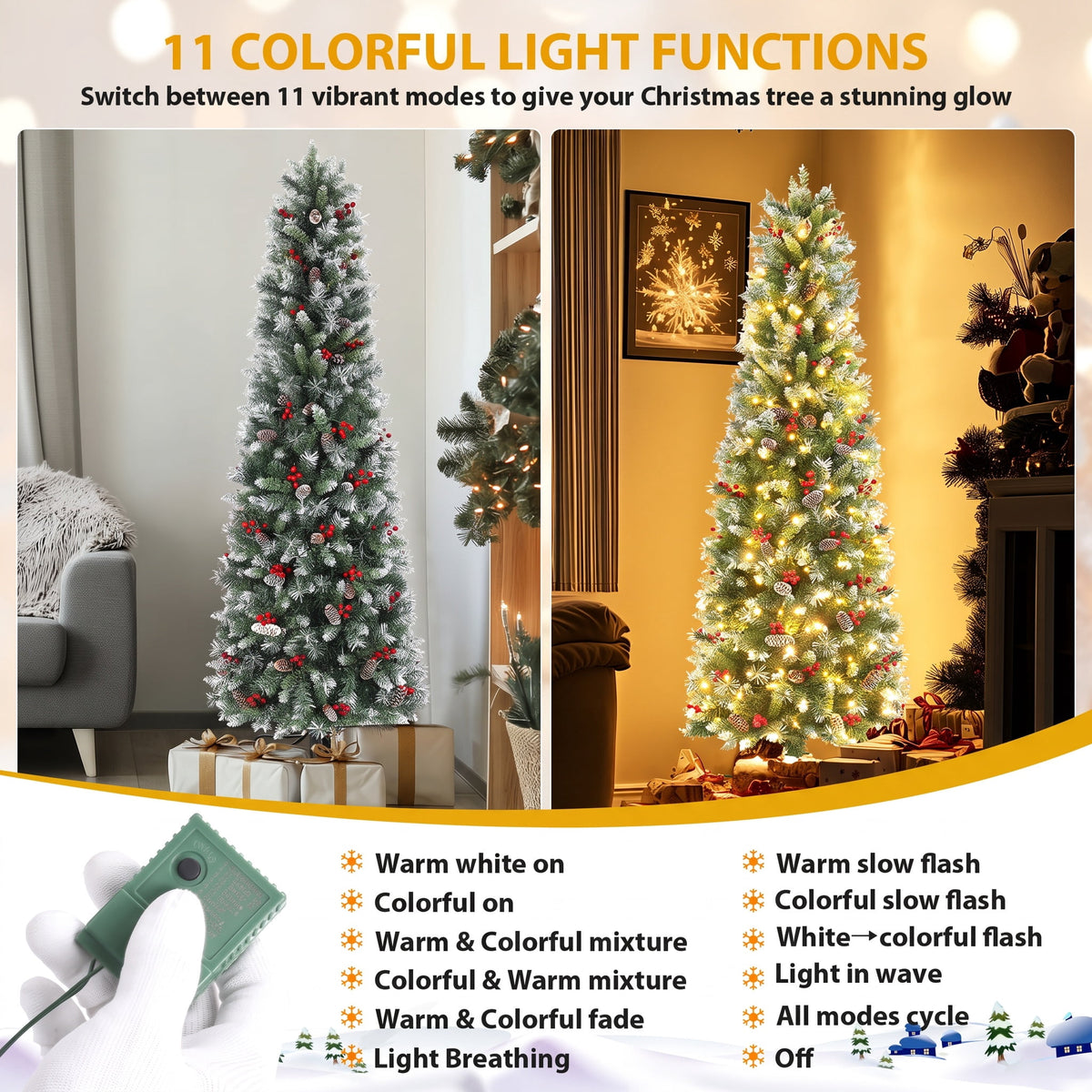 Legooin 6FT Pre-lit Christmas Tree Flocked Artificial Xmas Tree with 800 Branch Tips, 300 LED Lights, 51 Pinecones, for Christmas Holiday Decor, Green