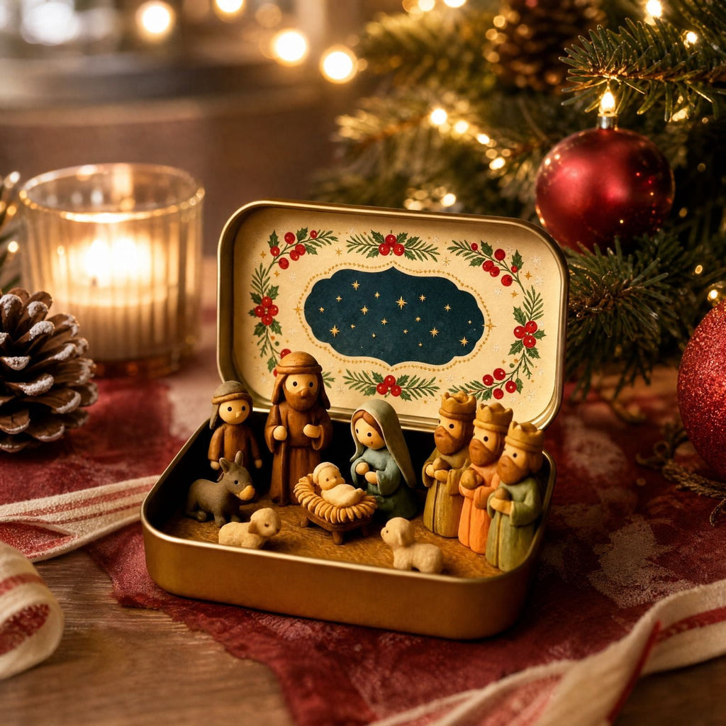 Mini Nativity in a Tin Box - 4.53" Nativity Scene Set with Holy Family Figurines, Portable Pocket Size Religious Christmas Decor Gift for Family, Gift Ideas