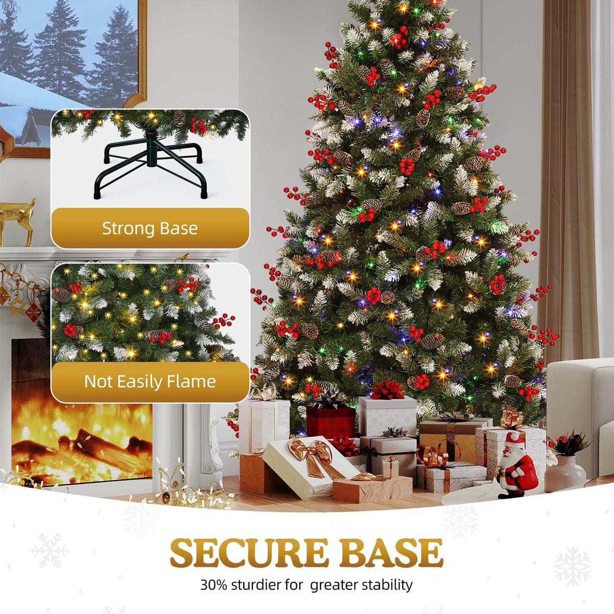 Uforic 9ft Pre-Lit Artificial Hinged Christmas Tree with 2058Frosted Tips & 900 Lights, 111Pine Cones & 111Red Berries, Remote Control, Green