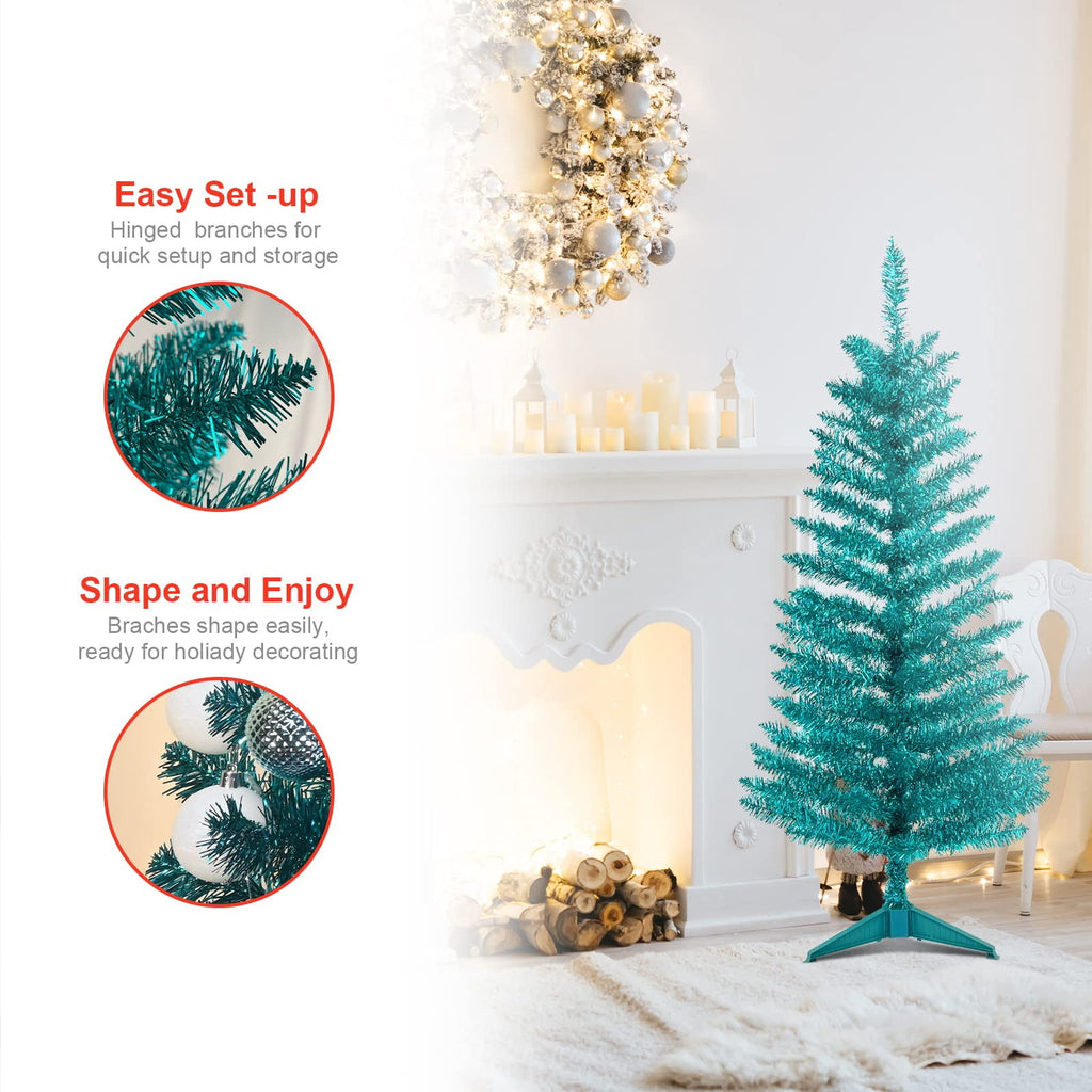 Bringstar 4FT Silver Artificial Christmas Tree with 50 String Lights, Mini Tinsel Tree, Not Pre-Lit, for Halloween & Holiday Home & Office Décor
