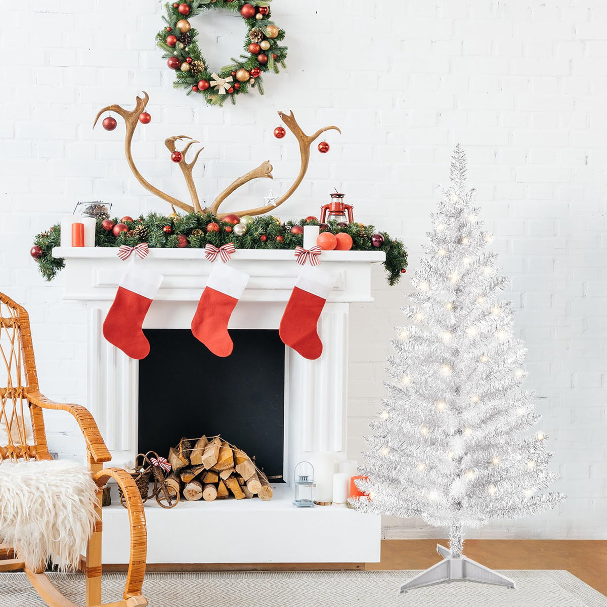 Bringstar 4FT Silver Artificial Christmas Tree with 50 String Lights, Mini Tinsel Tree, Not Pre-Lit, for Halloween & Holiday Home & Office Décor