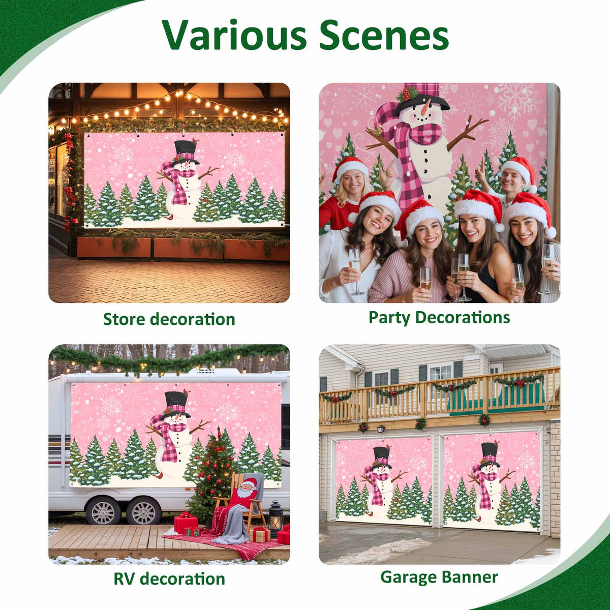 Fsddascl 7 x 16 Ft Christmas Garage Door Cover, Pink Snowman Christmas Large Garage Door Banner, Green Xmas Tree Snowflake Hanging Garage Mural Background for Indoor Outdoor Xmas Party Supplies