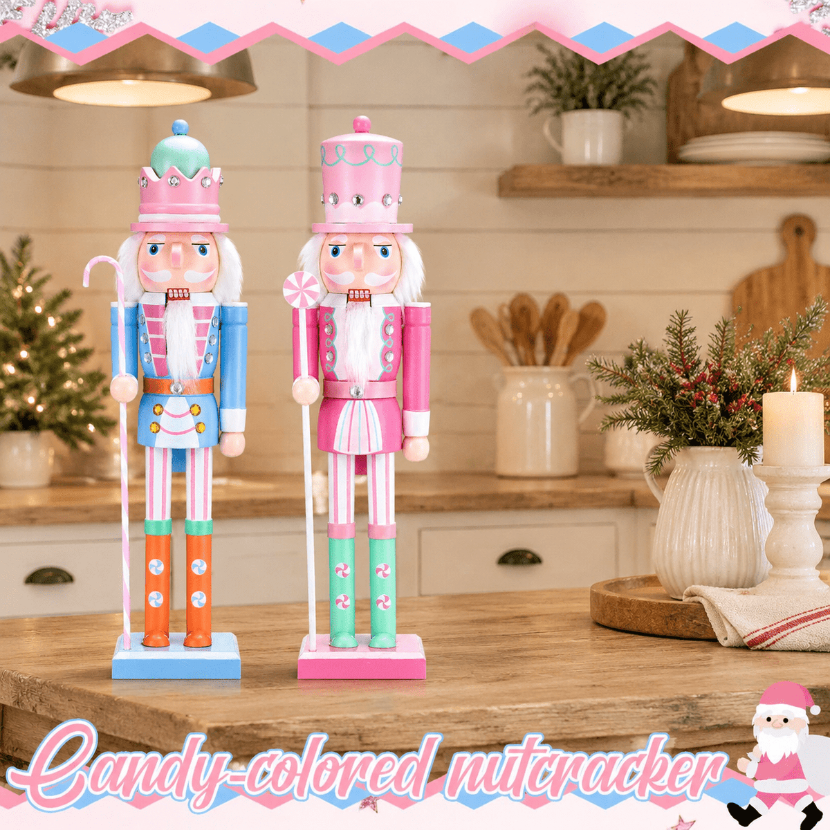 2 Pastel Nutcracker Christmas Figures, Wooden Holiday Decorations for Home