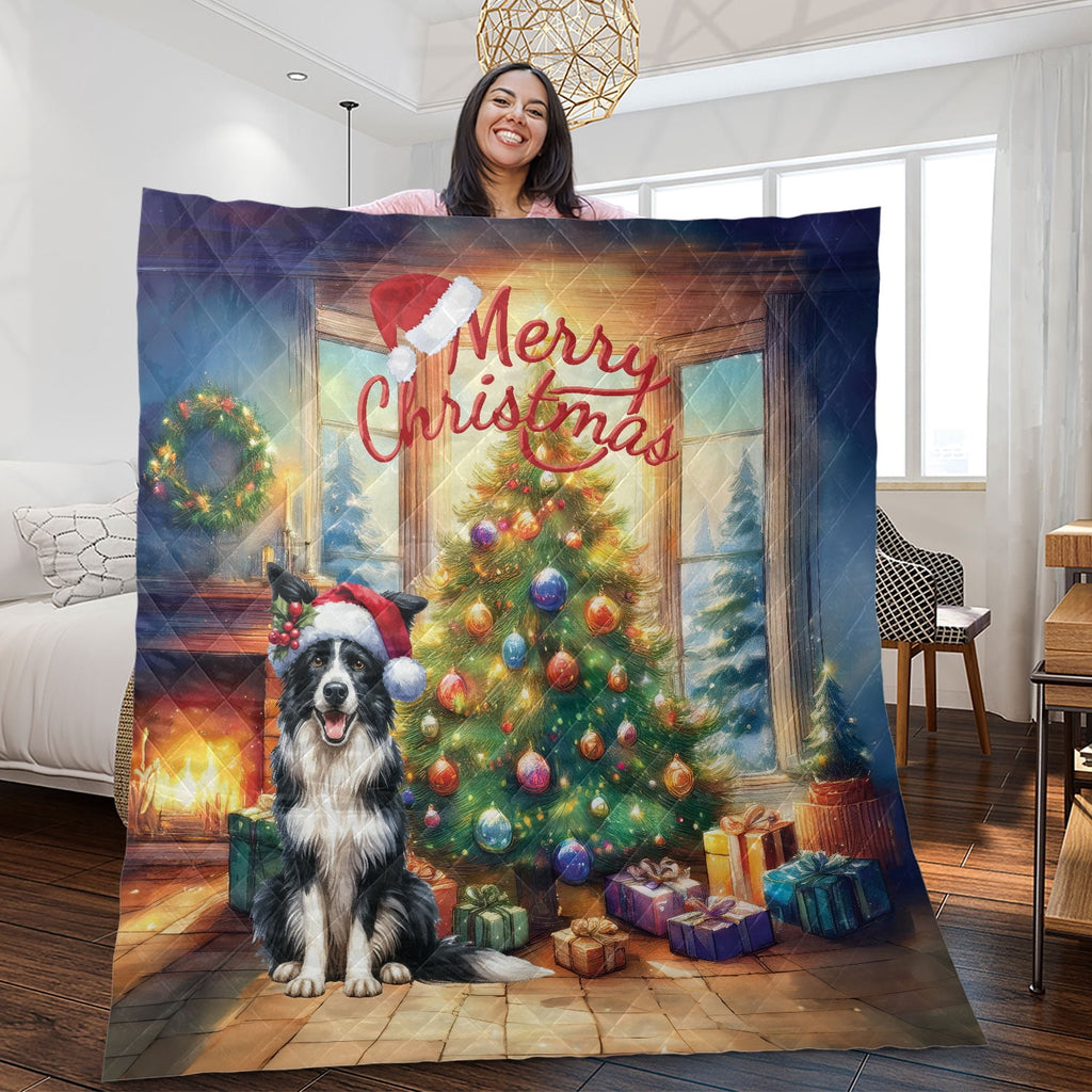 Merry Christmas French Bulldog Santa Hat Xmas Tree Winter Holiday Quilt Bedding Set Dog Lover Gifts 1 Blanket Bed Cover 2 Pillowcases - 01013