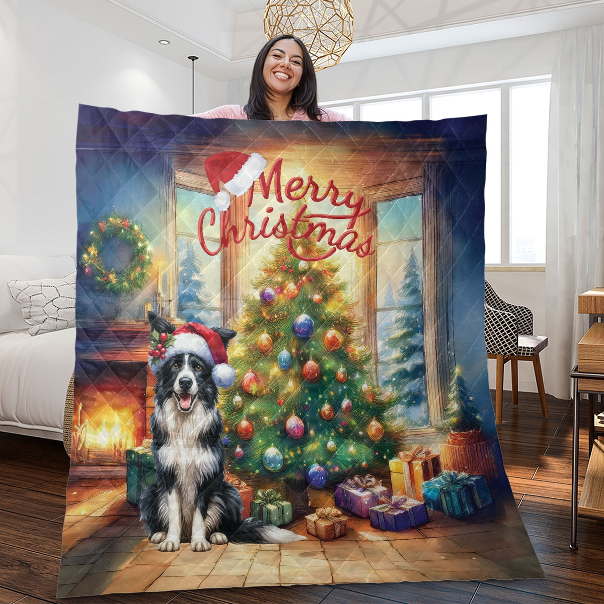 Merry Christmas French Bulldog Santa Hat Xmas Tree Winter Holiday Quilt Bedding Set Dog Lover Gifts 1 Blanket Bed Cover 2 Pillowcases - 01013