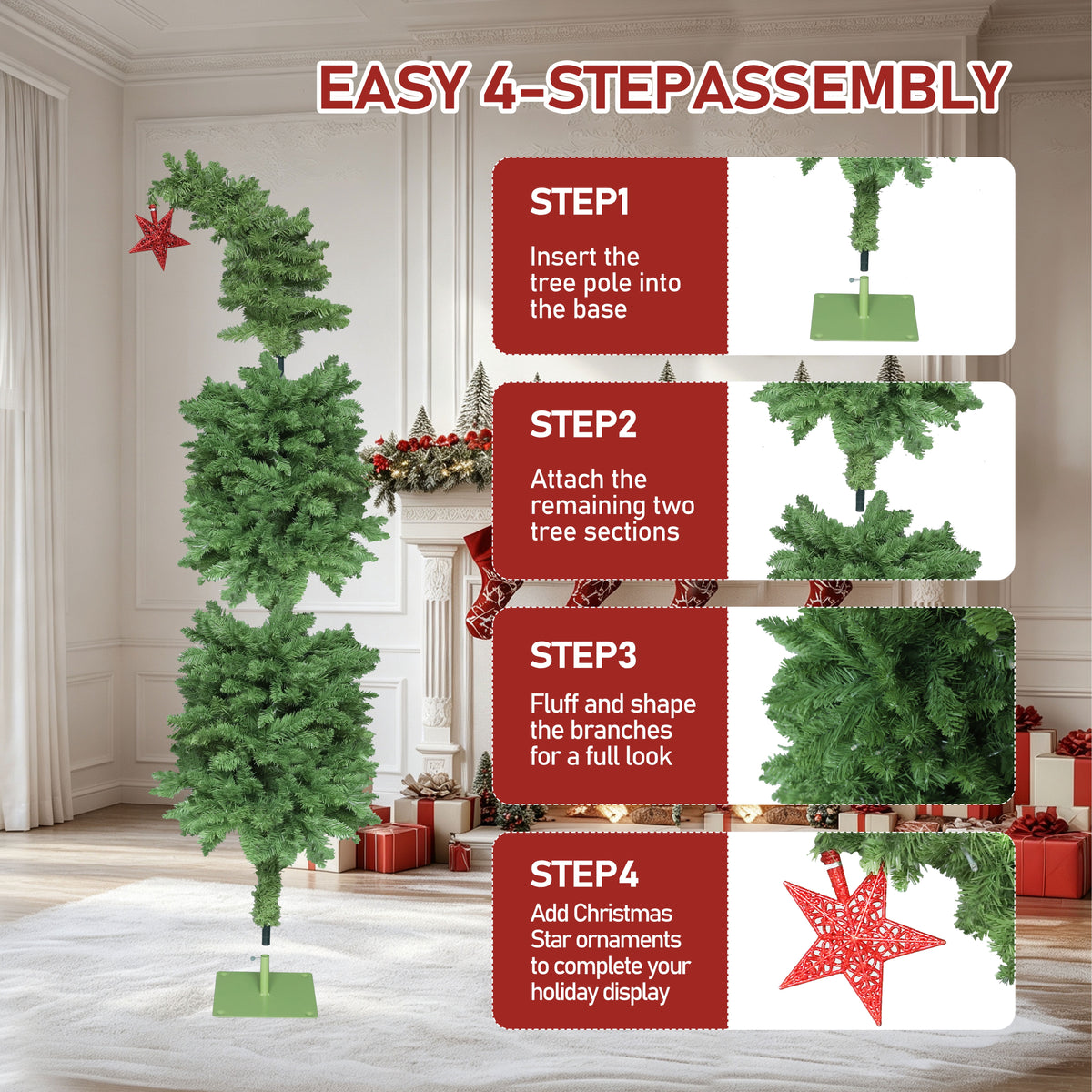 VEIKOUS 6ft Christmas Tree Crooked Neck with Topper, Prelit Xmas Tree with 200 LED Lights & 536 Branch Tips, Bendable Top Christmas Slim Tree for Holiday Decor, Green