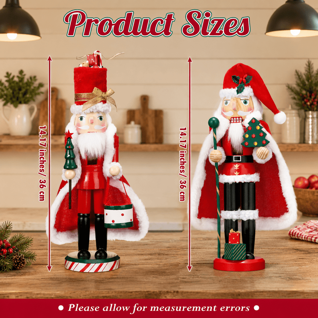 Set of 2 Wooden Christmas Nutcracker Figures, 14 Inch Santa Themed Holiday Decor