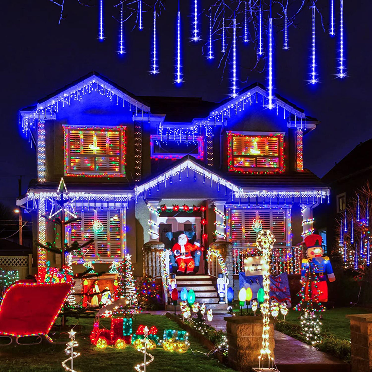 Christmas Lights, Christmas Lights Outdoor, Meteor Shower Lights 12 Inch 8 Tube 192 LED, Raindrop Snowfall Lights for Tree Yard Party Patio Christmas Decorations Lights, Blue