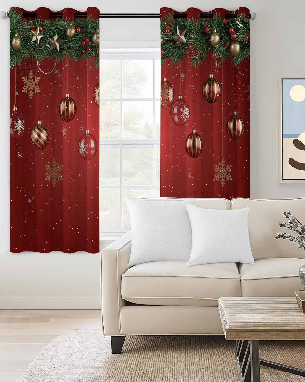 Christmas Blackout Curtains 84 Inches Long, Red Xmas Balls Pine Branches Snowflakes Winter Thermal Insulated Black Out Curtains, Darkening Window Curtain for Bedroom Living Room 52"x84" 2 Panels