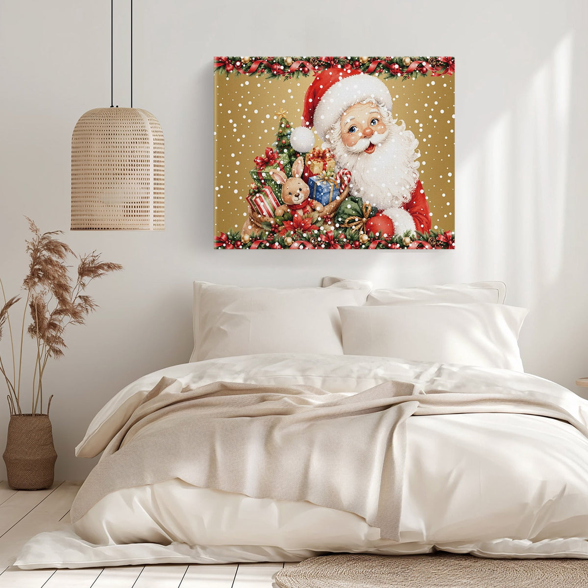 Vintage Santa Claus Canvas Print Wall Art Christmas Gift Box Bunny Rabbit Snowflake Wall Decor Modern Artwork Paintings Pictures for Living Room Stretched and Framed Ready to Hang - 20" x 24"