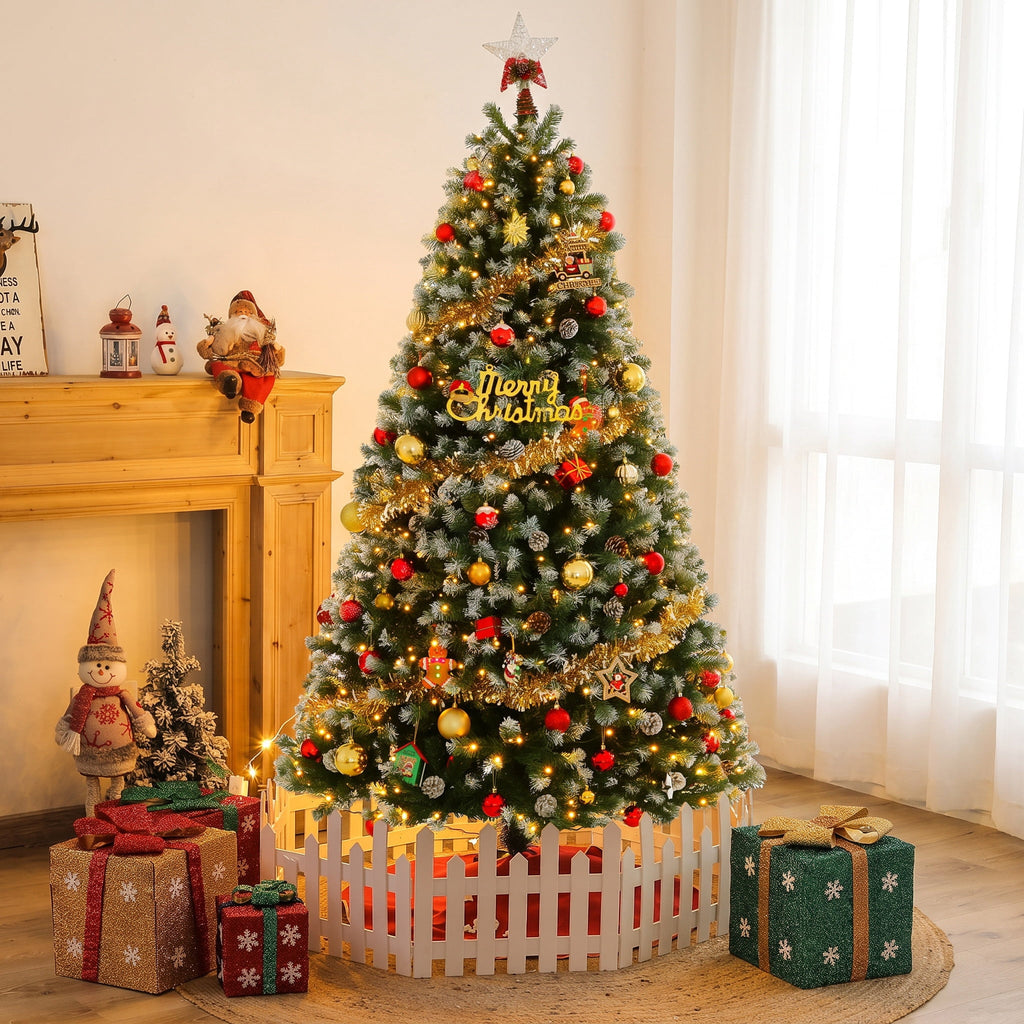 Legooin 6FT Pre-lit Christmas Tree Flocked Artificial Xmas Tree with 800 Branch Tips, 300 LED Lights, 51 Pinecones, for Christmas Holiday Decor, Green