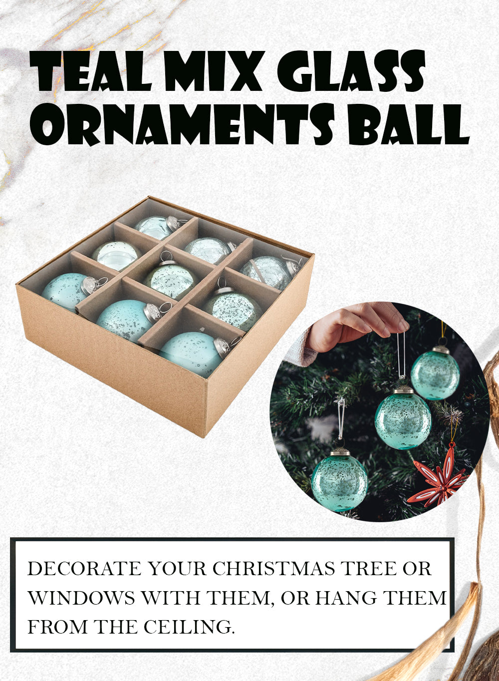Serene Spaces Living Set of 9 Gold Glass Ball Ornaments for Christmas Tree, Holiday Decorations, Winter Wedding, Table Centerpiece