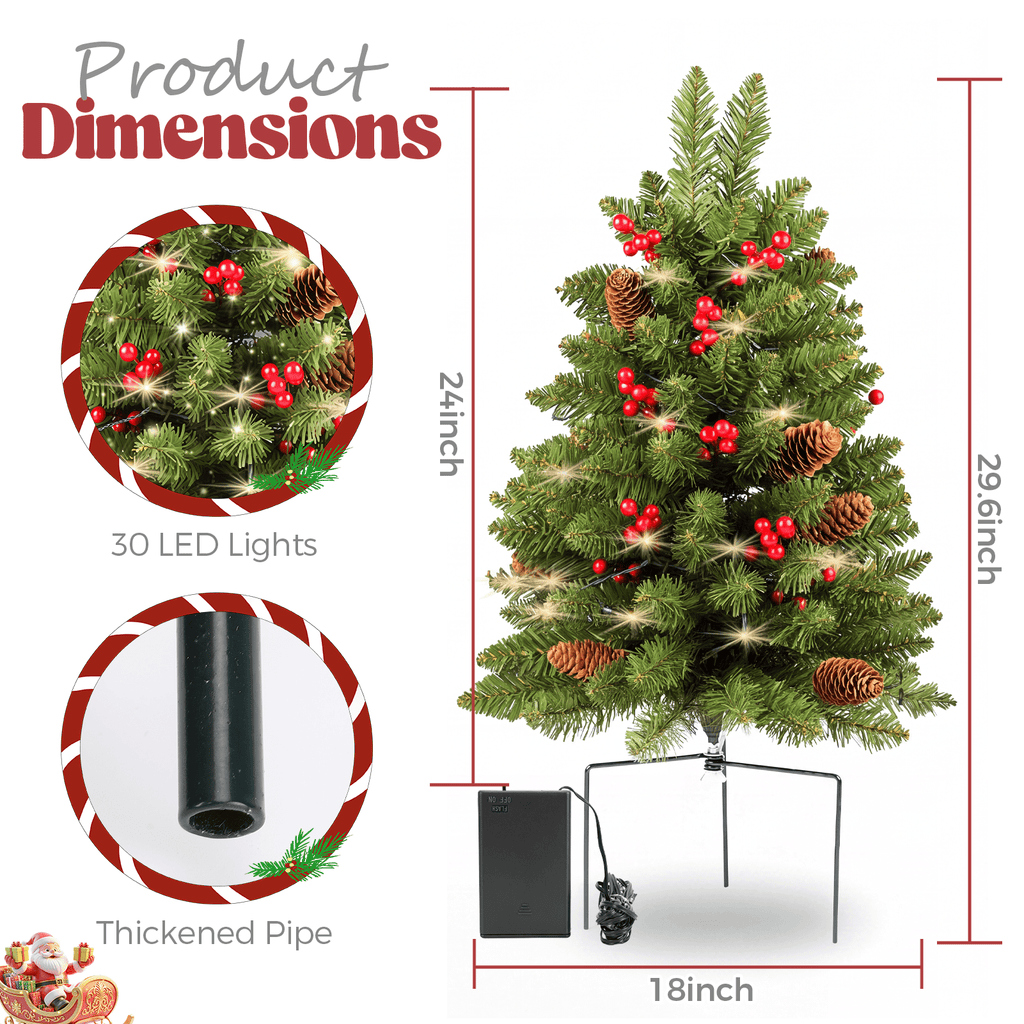 2 Pack 30 inch Prelit Outdoor Pathway Christmas Tree, Artificial Small Xmas Tree with Dual Color Berries & Balls, 30 Battery Operated Warm Lights for Holiday New Year Winter Patio Driveway Yard Lawn