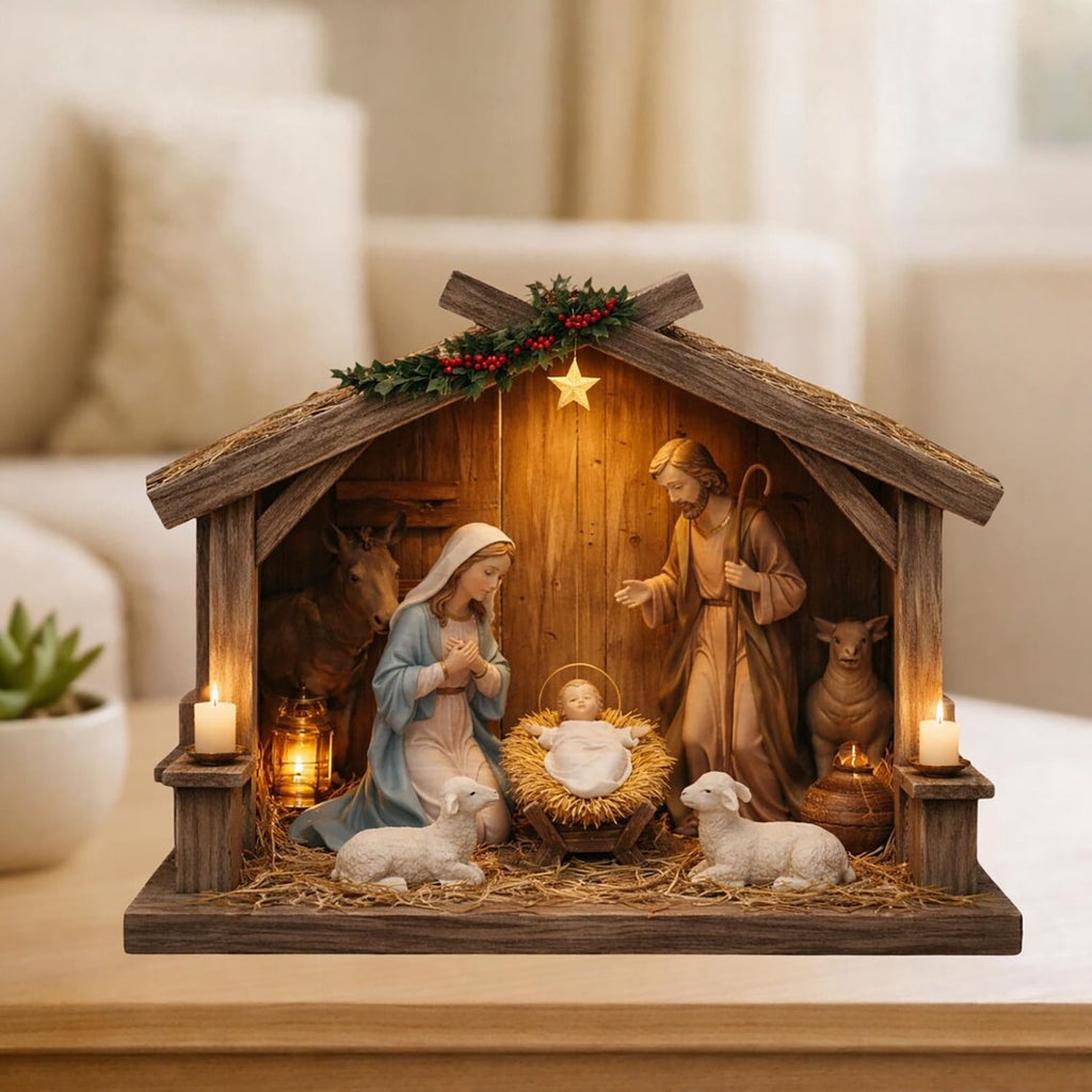 Nativity Scene Wooden Decor, Jesus Birth Manger Stable Sculpture for Christmas Home Church Decor