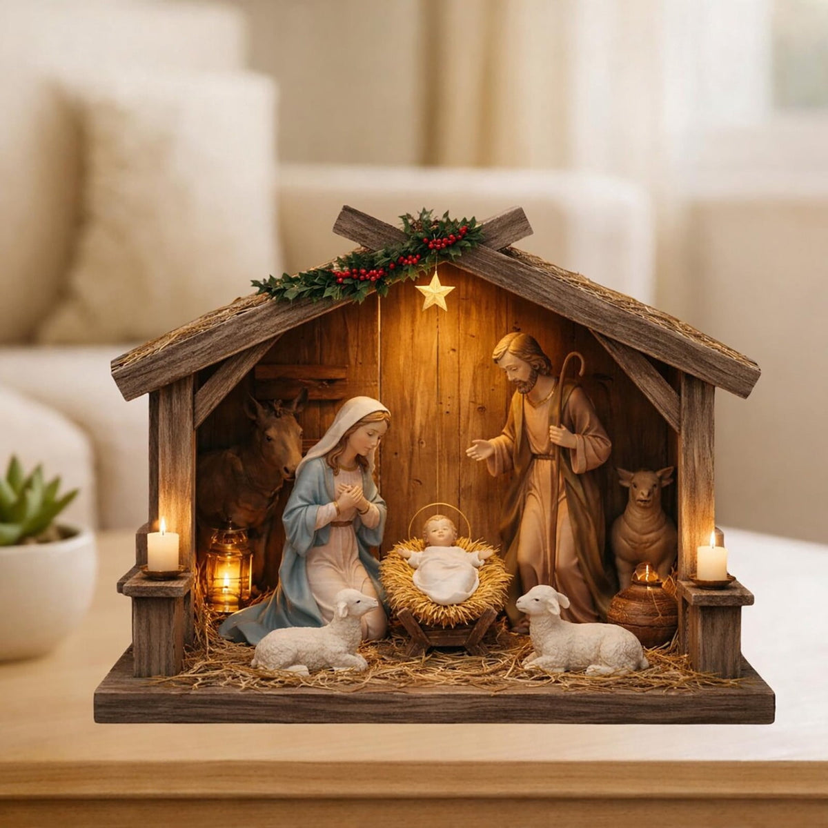 Nativity Scene Wooden Decor, Jesus Birth Manger Stable Sculpture for Christmas Home Church Decor