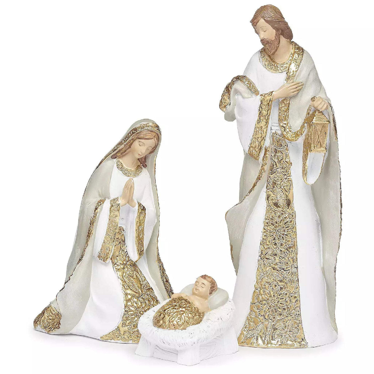 Roman Nativity Scene, Set of 7, White with Gold Pattern, 11-inch Height, Resin