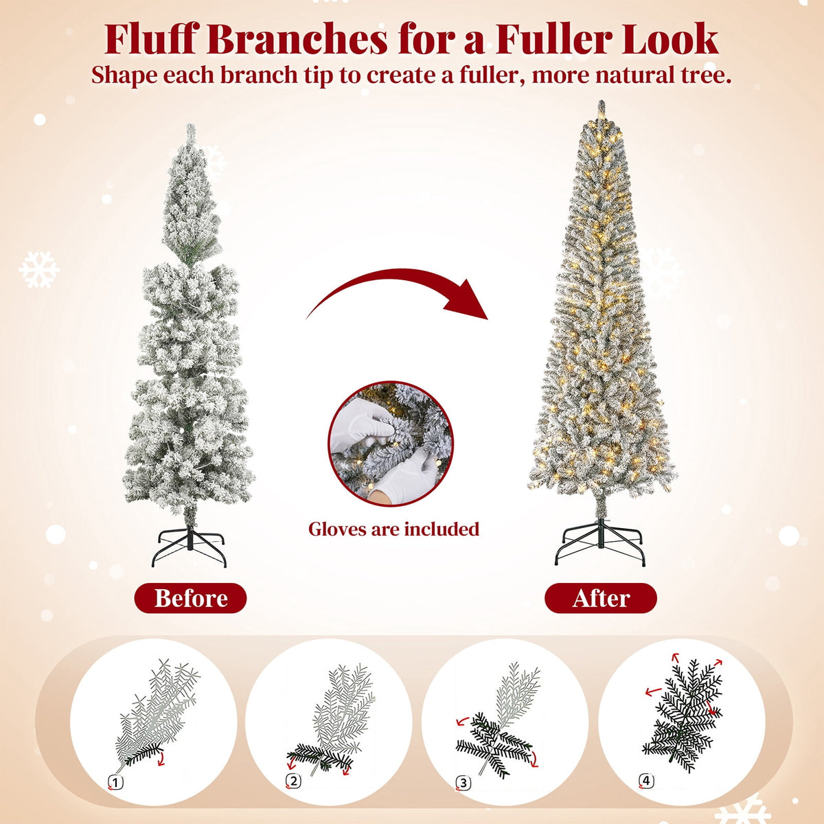 Goosiay 7ft Snow Flocked Pencil Christmas Tree, Pre-Lit Artificial Christmas Tree with 640 Tips,300 Warm White & Multicolor Lights, 10 Modes, Slim Xmas Tree with Stand