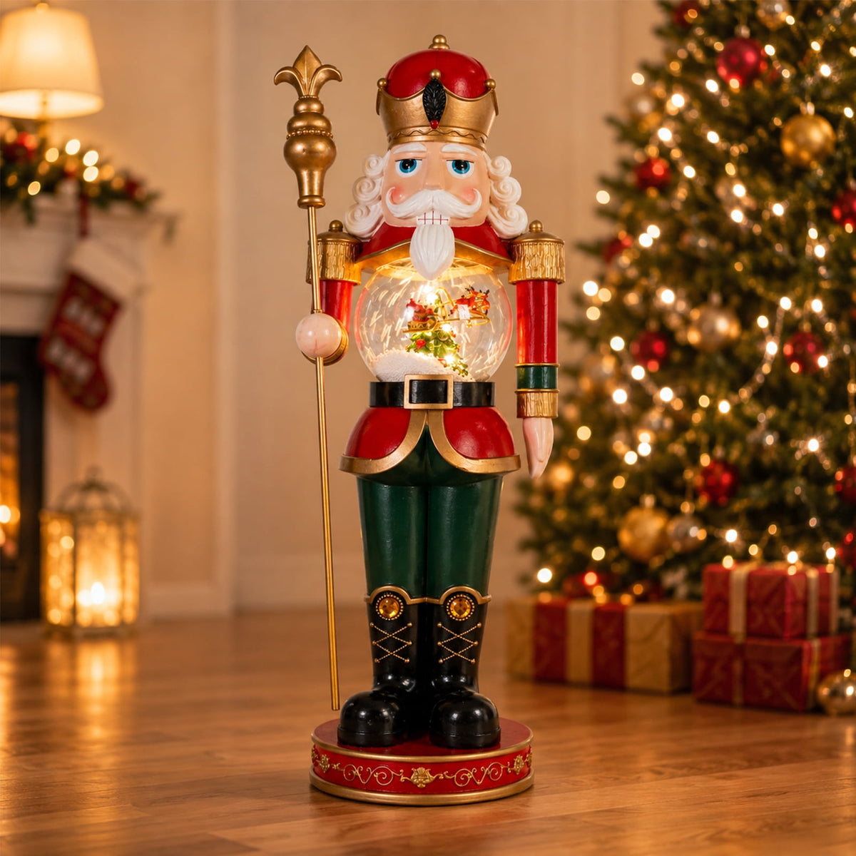 Large Christmas Nutcracker-Christmas Tree Autorotation Elk Santa Claus,King electric tabletop ornament, a sturdy wooden nutcracker King with snow global built-in rotating flying deer for home deco