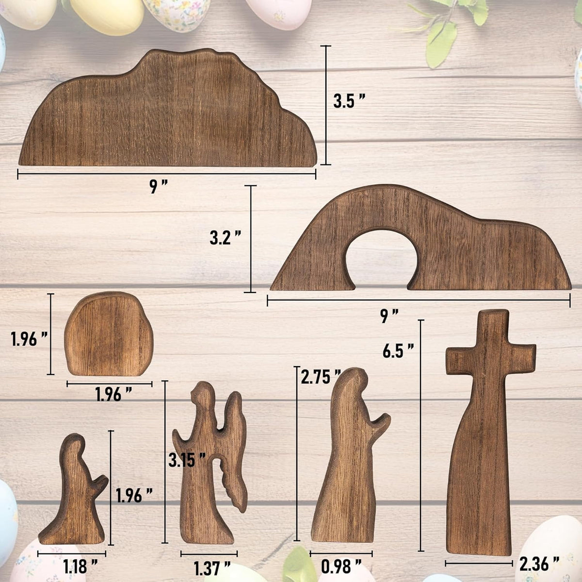 TETOU 7pcs Easter Scene and Cross Decoration, Wooden Easter Resurrection Scene Cross Jesus Tomb Tray Set,Jesus Nativity Scene Decor for Easter Religious Home Office Tabletop Christian Gifts