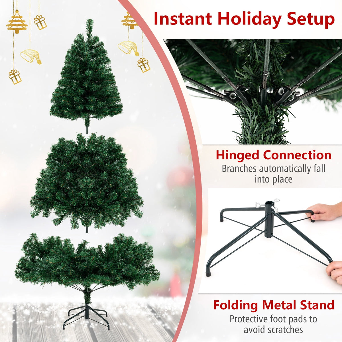 Costway 7Ft Pre-Lit PVC Hinged Christmas Tree 300 LED Lights Green