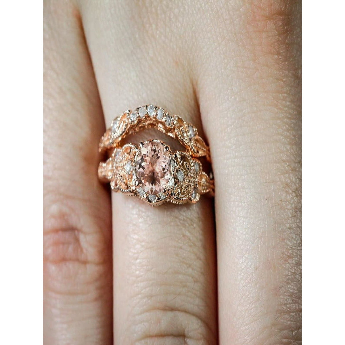 Rag Jewels 925 Sterling Silver 2.00 Ct Round Cut Morganite & Diamond Wedding Engagement Thanksgiving Christmas Bridal Ring Set 14K Rose Gold Plated For Women's -8