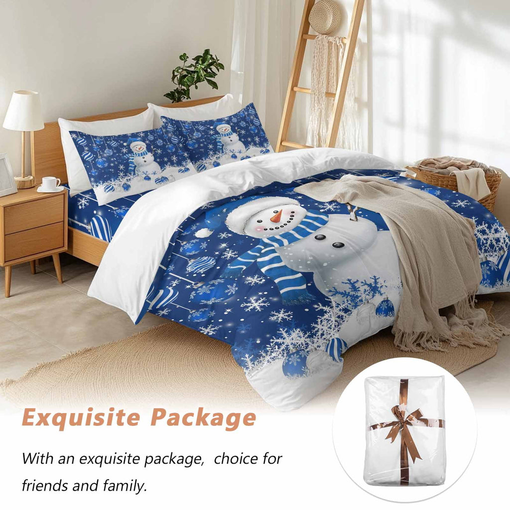 Christmas Blue Snowman 4 Piece Duvet Cover Set Full Size Xmas Balls Snowflake Soft Bedding Set Comforter Cover, 1 Duvet Cover 1 Flat Sheets and 2 Pillowcases