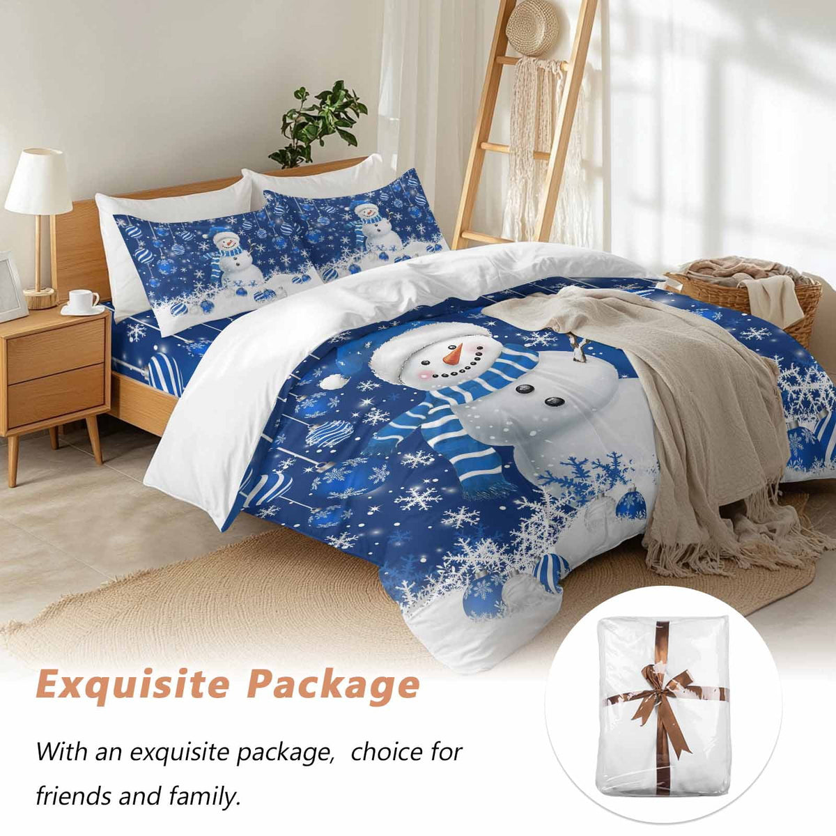 Christmas Blue Snowman 4 Piece Duvet Cover Set Full Size Xmas Balls Snowflake Soft Bedding Set Comforter Cover, 1 Duvet Cover 1 Flat Sheets and 2 Pillowcases