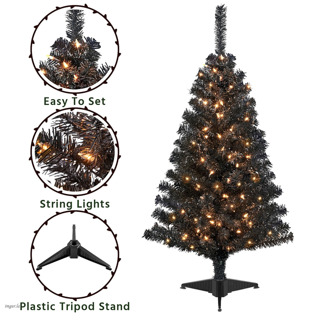 Alden Design 4FT Artificial Pre-lit Christmas Fir Tree with Foldable Stand,70 LED Warm Lights,Black