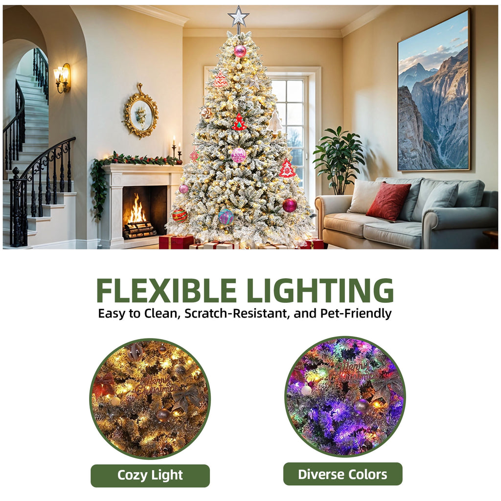 Uforic 6ft Pre-lit Snow Flocked Christmas Tree with 1000 Branch Tips & 250 Lights, Christmas Pine Tree with Remote, 11 Light Modes