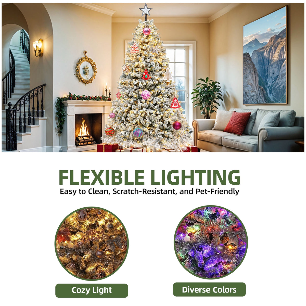 Uforic 6ft Pre-lit Snow Flocked Christmas Tree with 1000 Branch Tips & 250 Lights, Christmas Pine Tree with Remote, 11 Light Modes