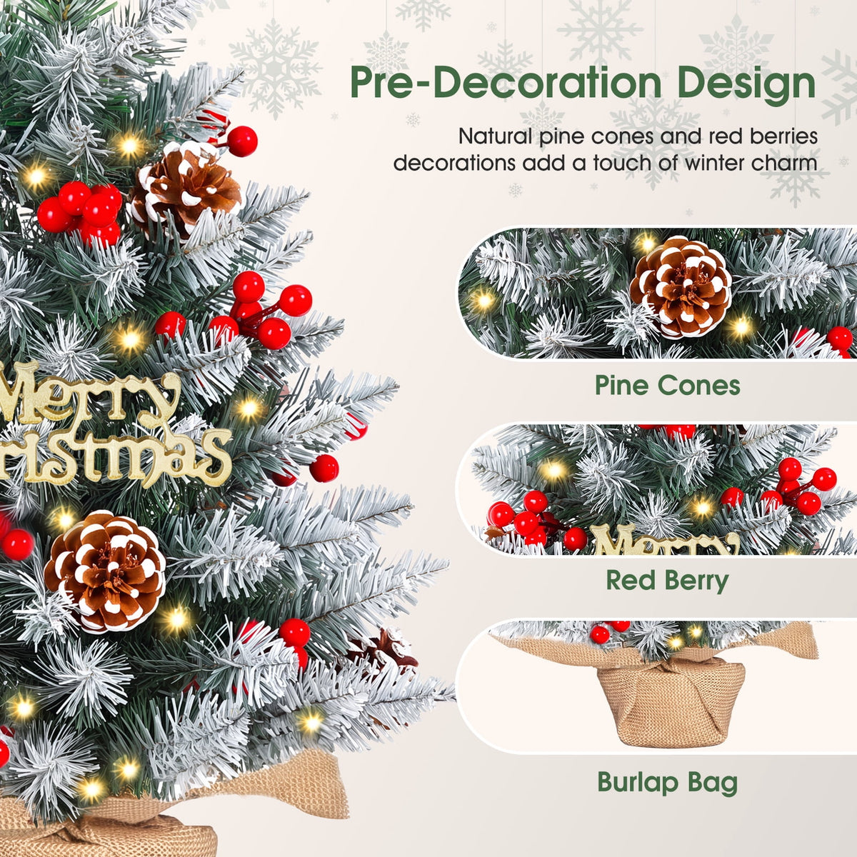 22" Mini Christmas Tree with 30 LEDs, Red Berries & Pinecones, DIY Kit, Battery Powered Tabletop Tree Christmas Decorations Gifts for Dorms, Offices, Home, Classrooms Desks & Small Spaces