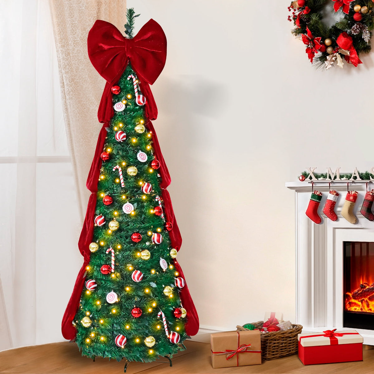 Firstness Christmas Tree 6FT, Pop up Pre Decorated Pre Lit Artificial Xmas Tree with 200 LED Lights, Large Bow & Ornaments, Lighted Christmas Tree with Storage Bag, Easy Installation