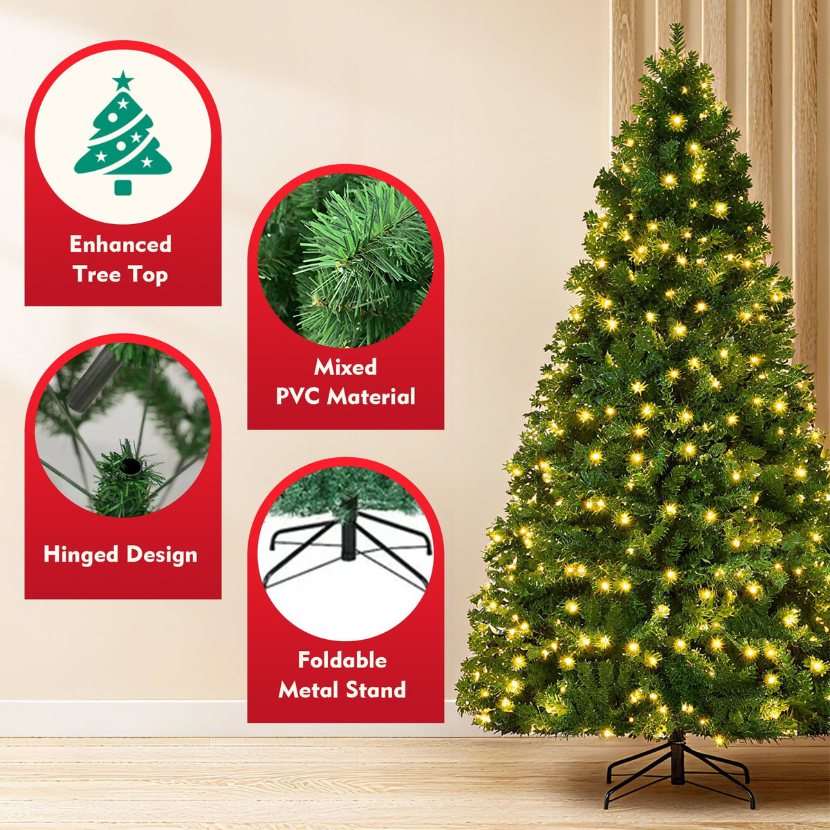 DAYBETTER 6ft Christmas Tree Artificial, Pre-lit with 250 LED Warm White Lights, 800 Branch Tips, Foldable Sturdy Metal Stand for Festival Home, Office Decor, Indoor and Outdoor