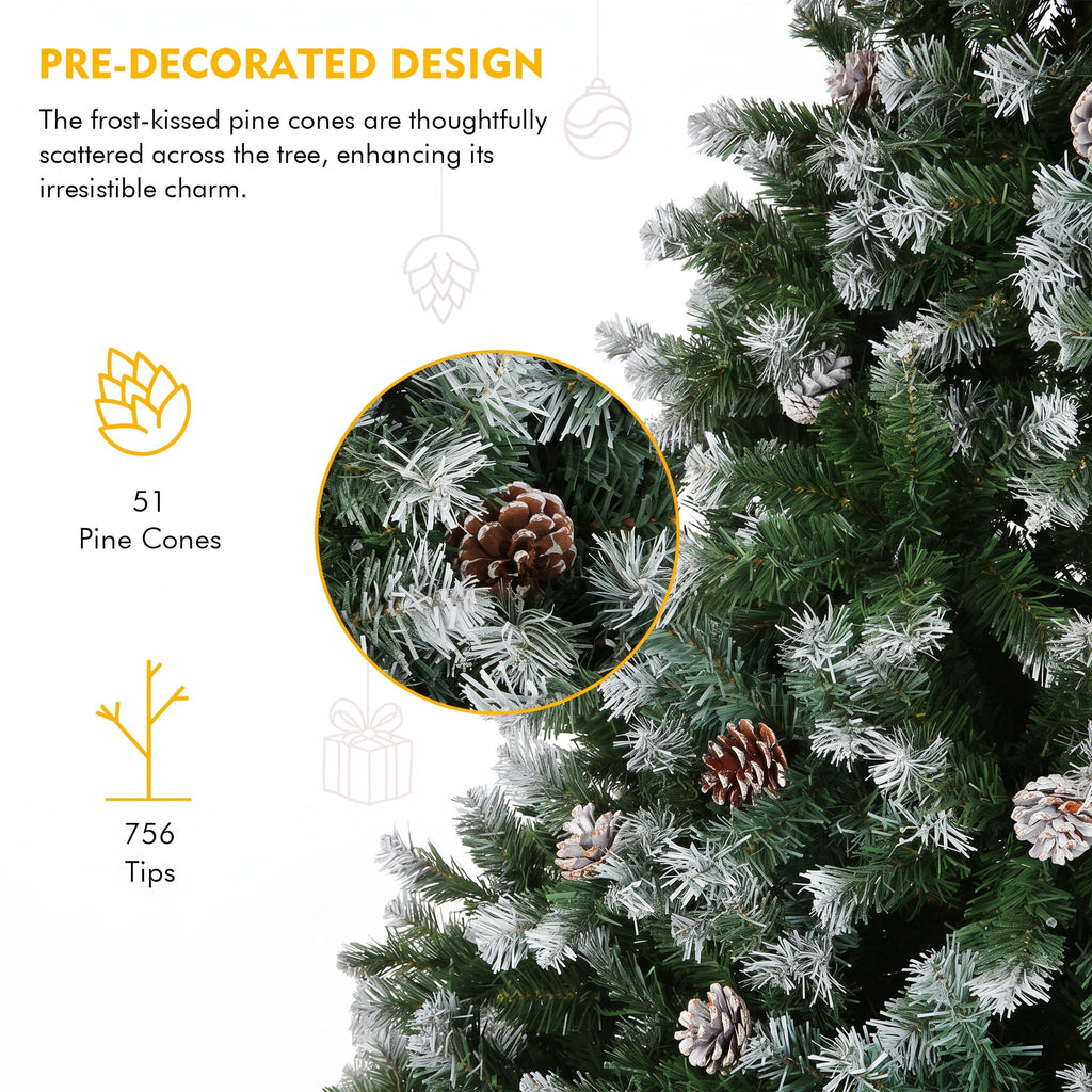 Legooin 6FT Pre-lit Christmas Tree Flocked Artificial Xmas Tree with 800 Branch Tips, 300 LED Lights, 51 Pinecones, for Christmas Holiday Decor, Green