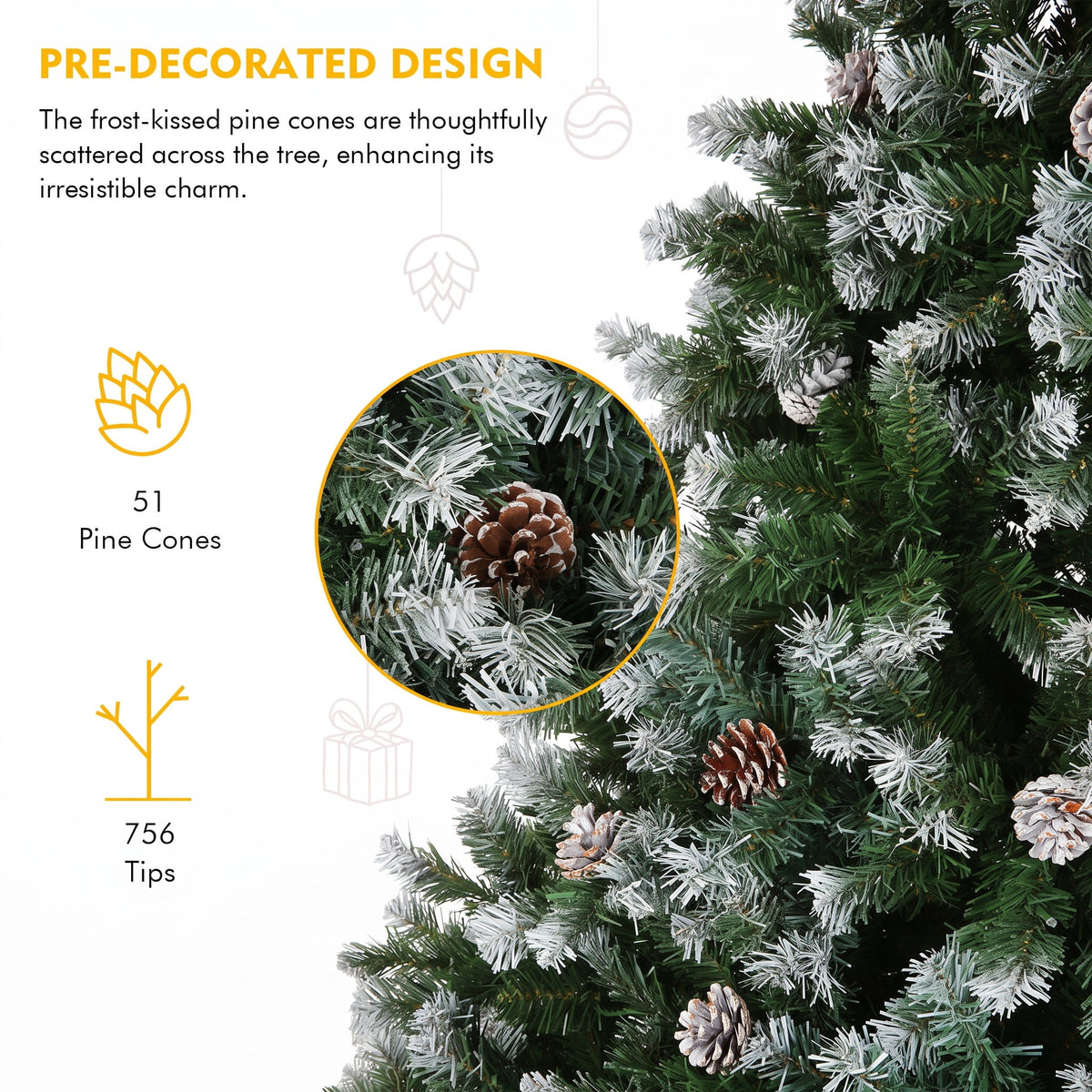 Legooin 6FT Pre-lit Christmas Tree Flocked Artificial Xmas Tree with 800 Branch Tips, 300 LED Lights, 51 Pinecones, for Christmas Holiday Decor, Green