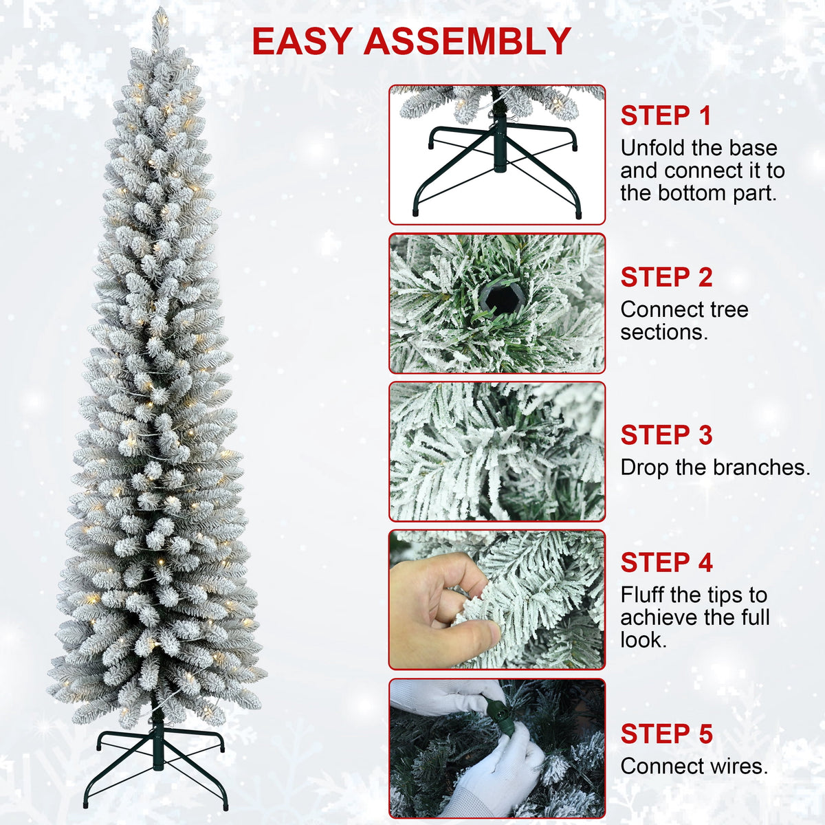 Bringstar 6FT Pre-Lit Pencil Christmas Tree,Green Artificial Xmas Trees, 150 LED Warm White Lights