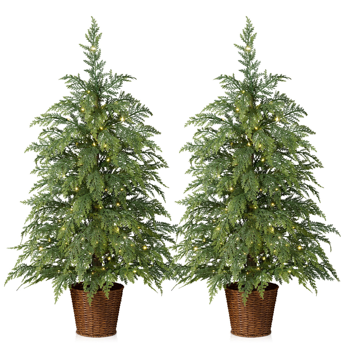DR.Planzen 24" Pre-Lit Green Cypress Artificial Christmas Tree with 30 Warm White LED Lights, Mini Tabletop Xmas Tree in Woven Basket Base, Indoor Holiday Decoration