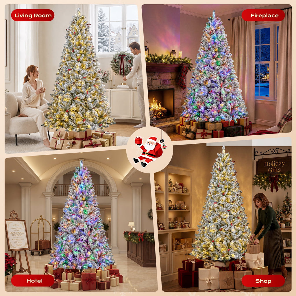 Goosiay Artificial Christmas Tree Pre-Lit Flocked Hinged with Red Berries & Pinecones, 350 Warm White & Multicolor LED Lights, 7 ft