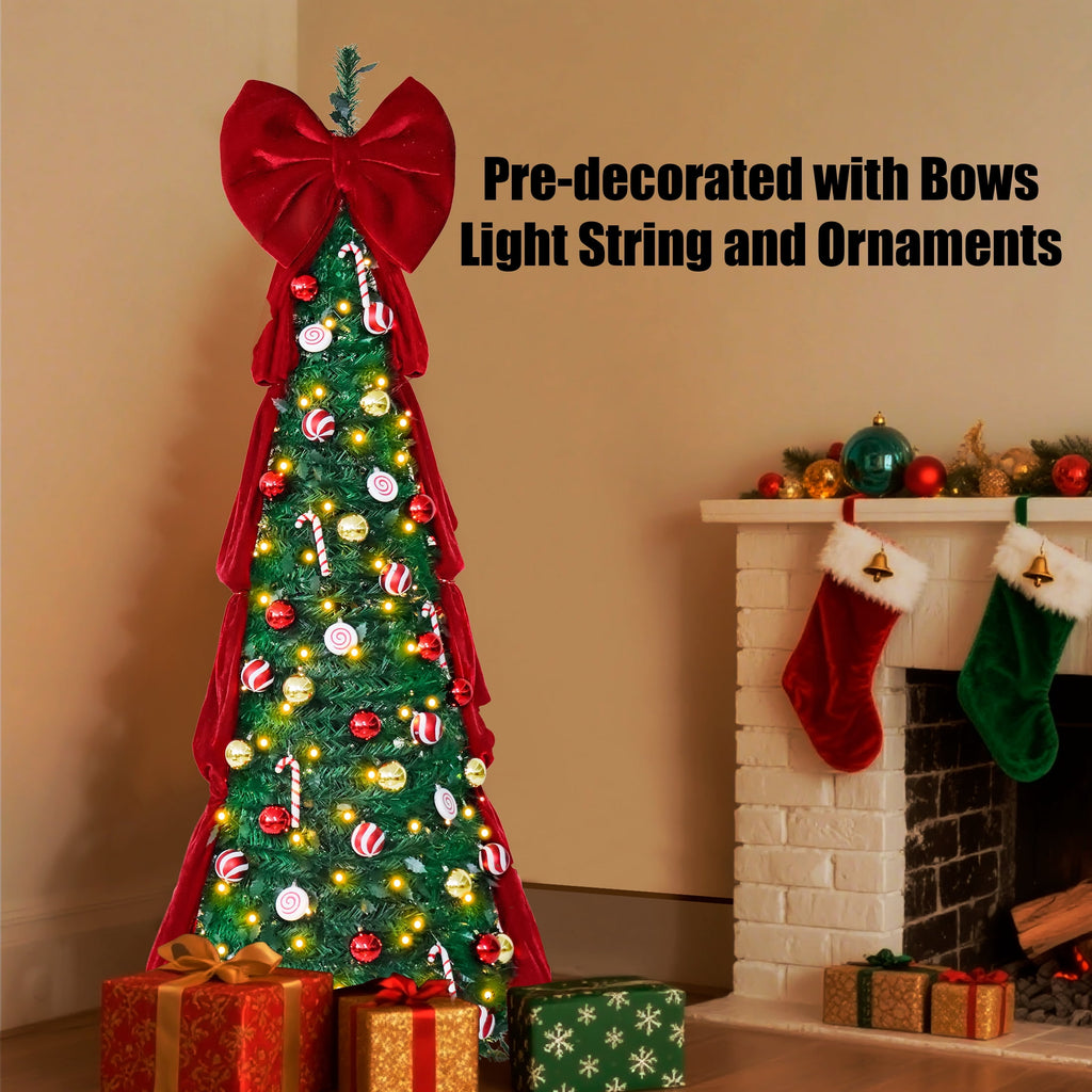 Firstness Christmas Tree 6FT, Pop up Pre Decorated Pre Lit Artificial Xmas Tree with 200 LED Lights, Large Bow & Ornaments, Lighted Christmas Tree with Storage Bag, Easy Installation