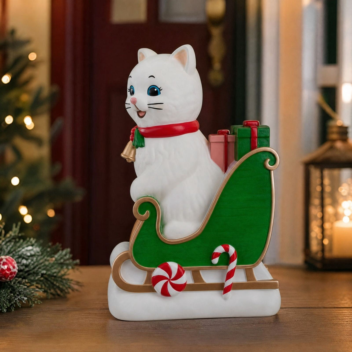 Luckky Lighted Christmas Dog Resin Statue, Santa Hat and Scarf Dog Figurine, 7.87 Inch, Multi-Color LED Lights, Indoor Outdoor Holiday Decor