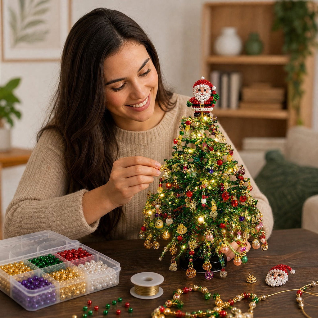 DIY Beaded Christmas Tree Kit - Handmade Mini Tabletop Xmas Tree with Santa Topper, Built-In Warm Lights, Holiday Decor Craft Gift for Adults