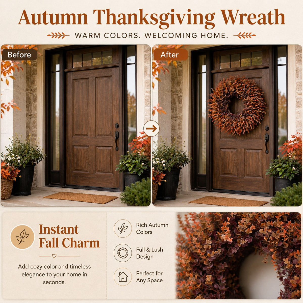 Wreath 28 Inch Artificial Faux Leaf Thanksgiving Wreath for Front Door Home Seasonal Decor