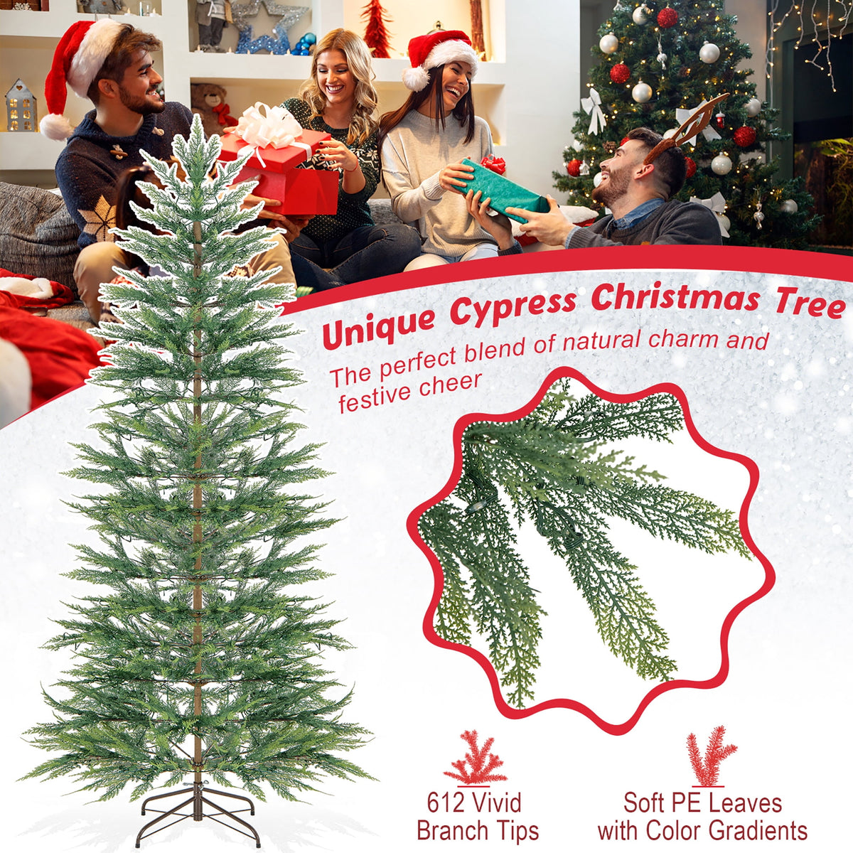 Gymax 7.5 FT Pre-Lit Artificial Christmas Tree Simulated Cypress Xmas Tree w/ Hinges