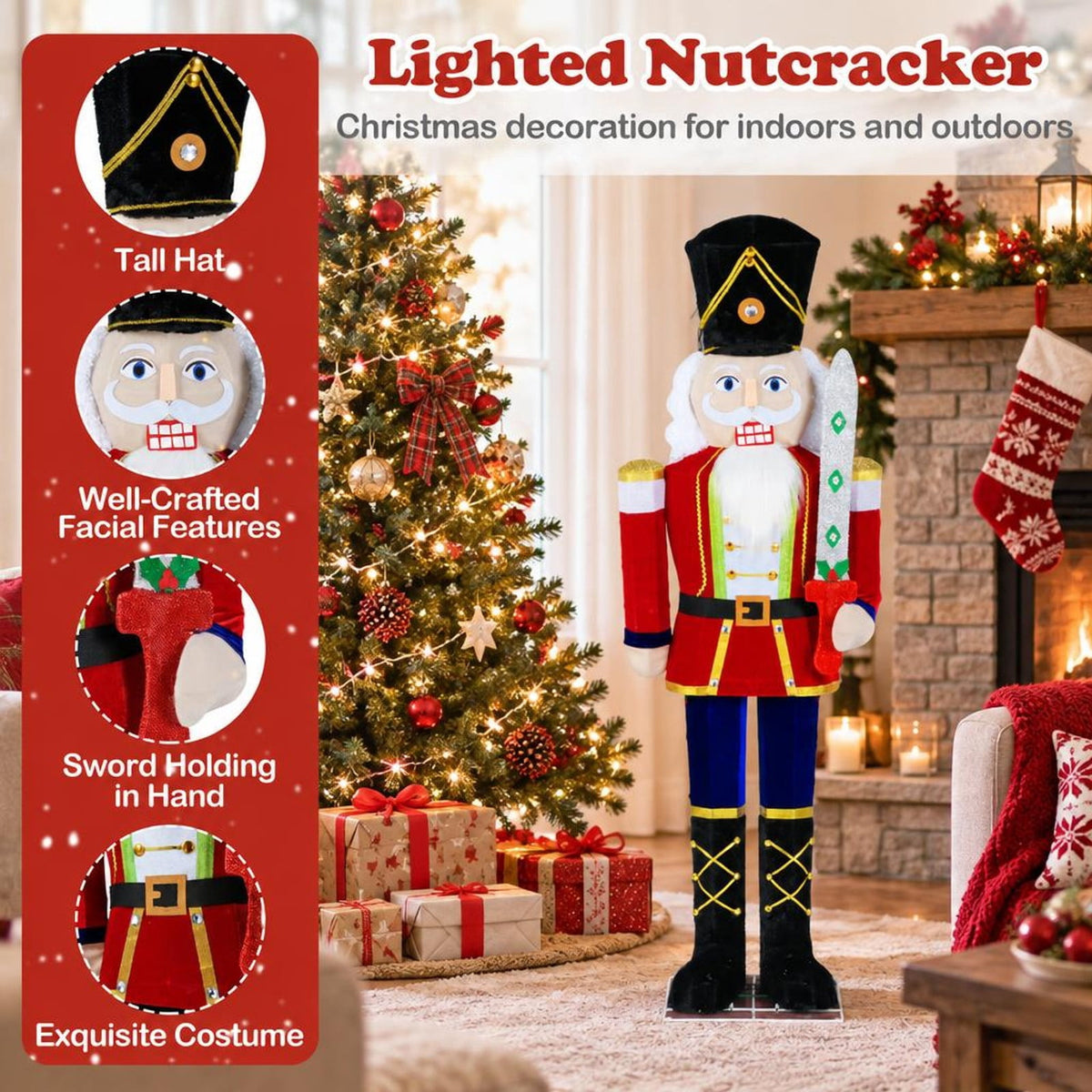 RUIE Lighted Christmas Nutcracker, 5 ft Outdoor Holiday Figure with 100 Warm White LED Lights, Glitter Sword, Metal Frame and Long Cord
