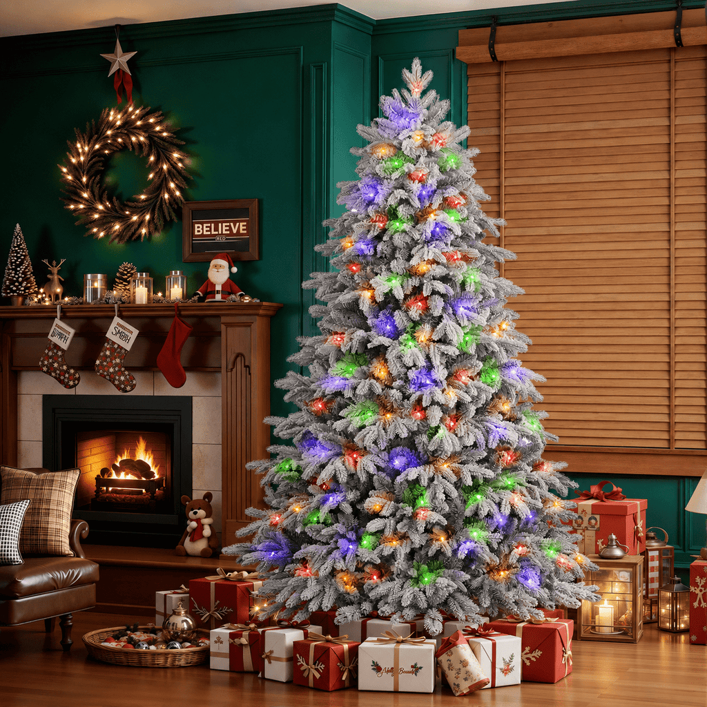 Lolsea 7ft Prelit Flocked Modern Luxury Cedar Christmas Tree with Realistic PE Foliage, Warm White & Multi-Color Lights and Remote Control