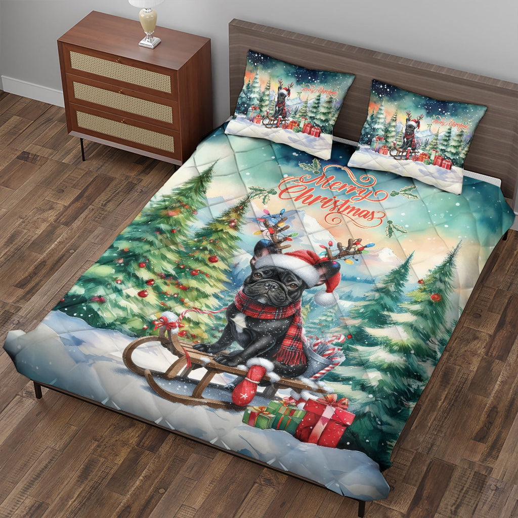 Merry Christmas Santa Reindeer Antlers French Bulldog Sleigh Xmas Winter Holiday Quilt Bedding Set Dog Lover Gifts 1 Blanket Bed Cover 2 Pillowcases - 00023