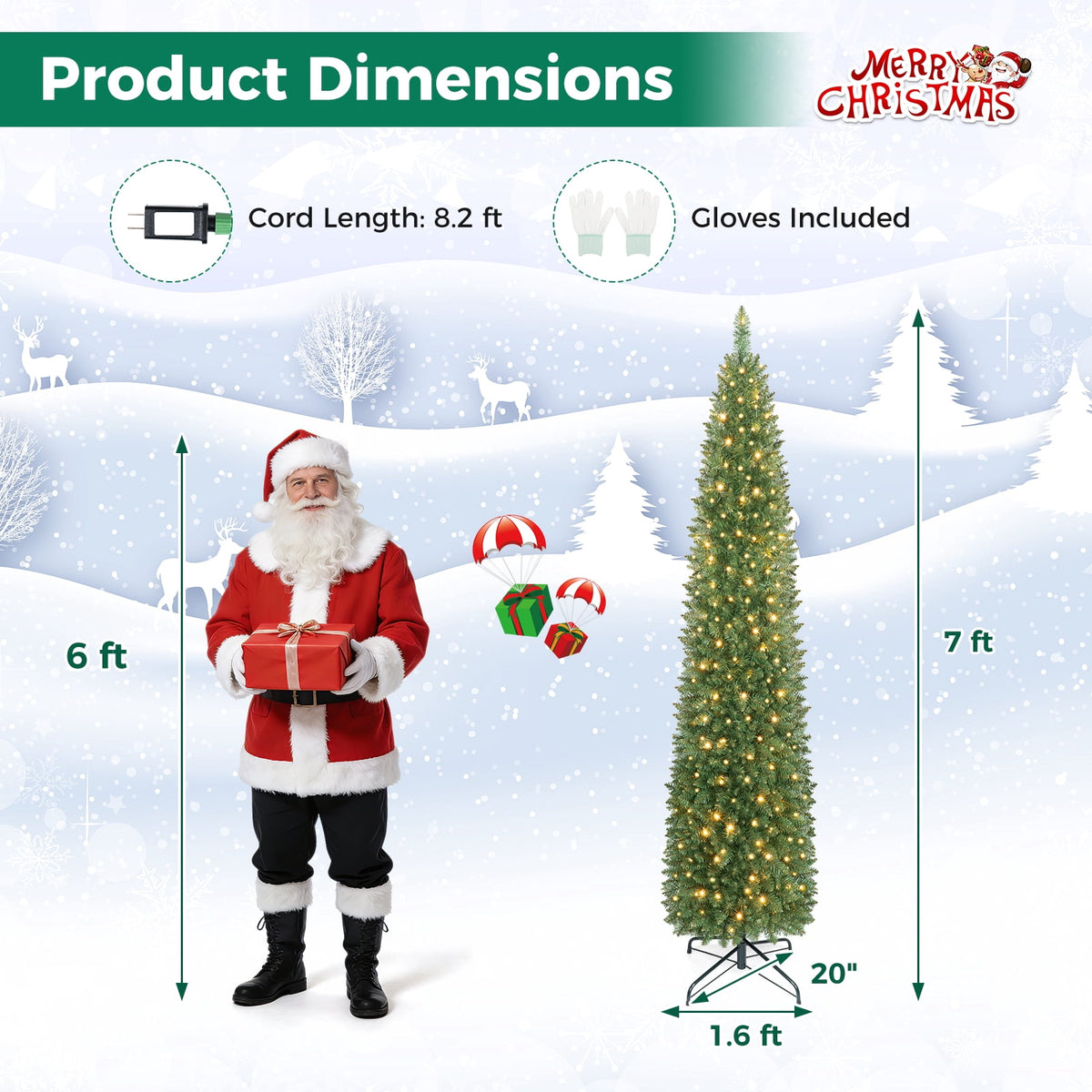 Gymax 9 FT Pre-Lit Artificial Christmas Tree Realistic Slim Pencil Xmas Tree