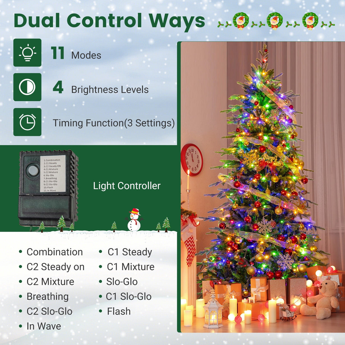 Topbuy 9 FT Pre-lit Artificial Christmas Tree Hinged Xmas Tree with 1770 Branch Tips 560 Multicolored & Warm White LED Lights