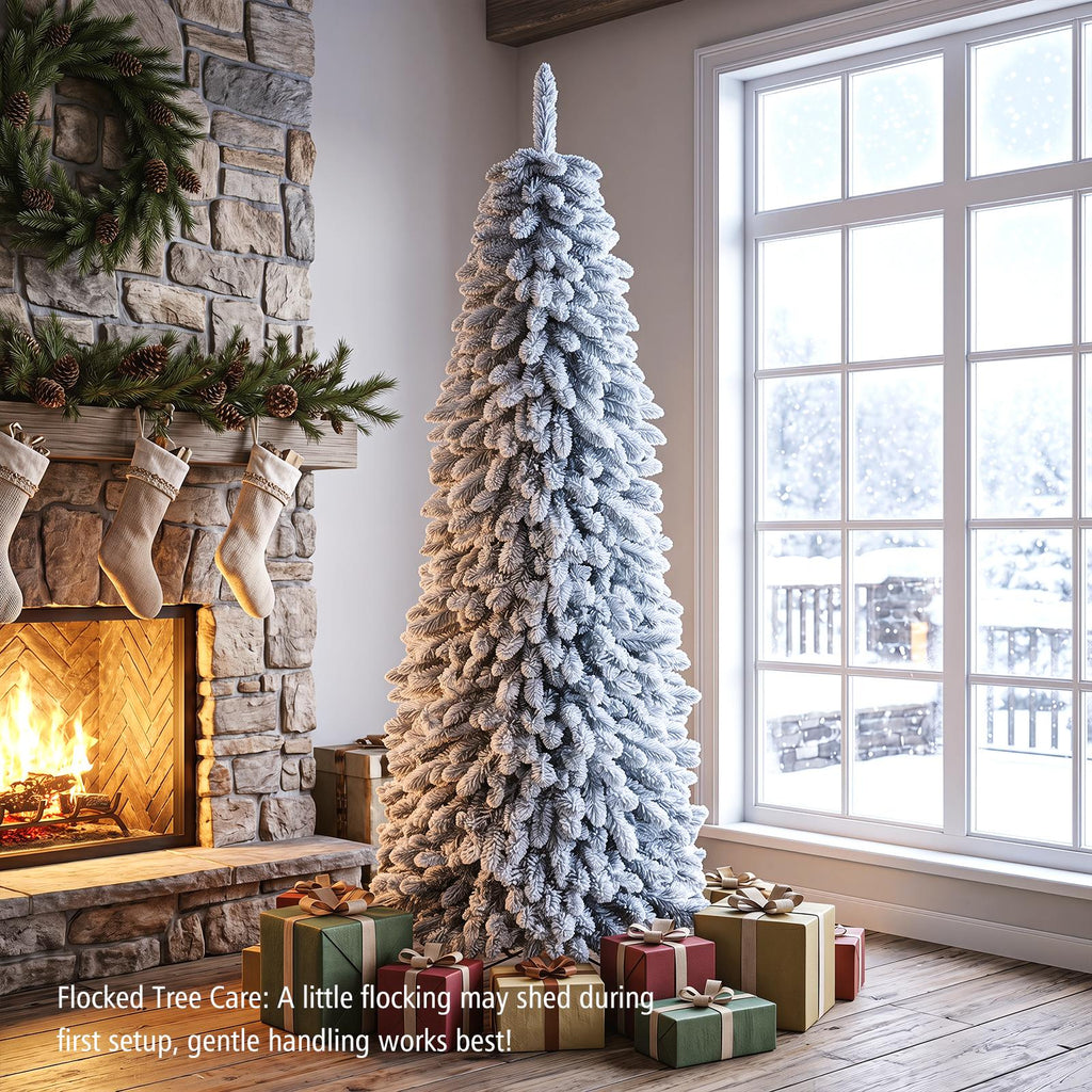Costway 5 FT Pre-Lit Slim Christmas Tree Flocked Xmas Decoration 11 Modes 150 LED Lights